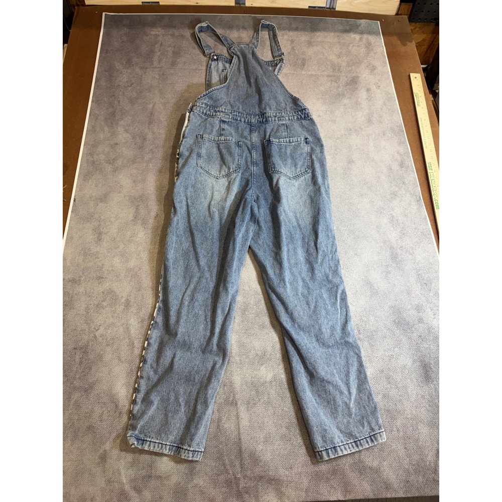 BIB! Womens Distressed Denim Overalls Leopard Print Side Stripe Blue Size S - Picture 2 of 5